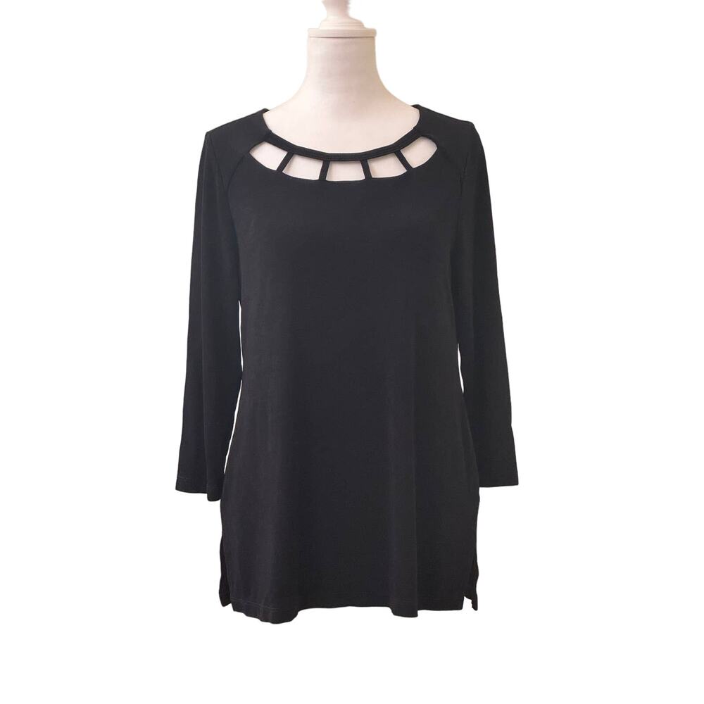 Chico's Black Lattice Scoop Neck 3/4 Sleeve Travelers Stretch Top Size 4/6